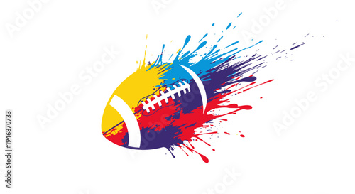 Dynamic American football illustration with vibrant yellow, red, and blue paint splatters on a clean white background, conveying energy and motion.