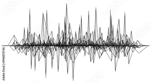 Abstract black and white sound wave visualization with dynamic fluctuating lines representing audio frequencies.