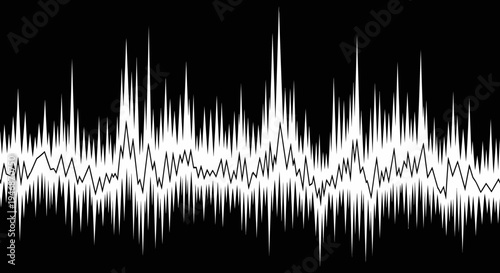 Abstract black and white sound wave visualization with dynamic peaks and valleys.