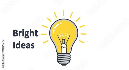 A bright yellow light bulb illuminating next to the text "Bright Ideas" on a white background, symbolizing creativity and innovation.