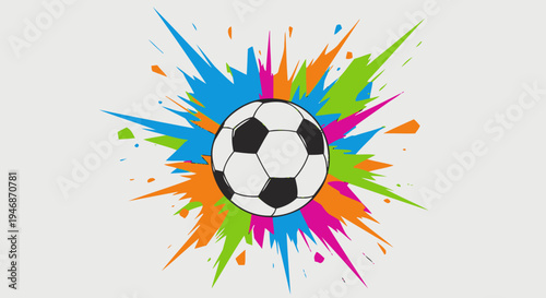 A vibrant illustration of a classic black and white soccer ball surrounded by an explosion of colorful paint splatters on a light background, symbolizing energy and dynamism.