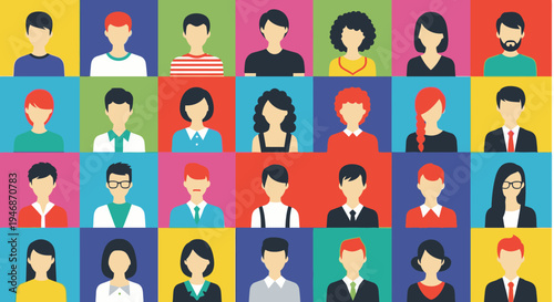 A grid of diverse flat design avatars representing a group of people with various appearances and backgrounds.