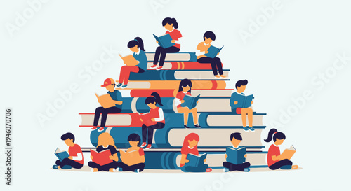 Diverse group of children and adults happily reading books while sitting on a large stack of giant books, symbolizing learning and education, in a bright studio.