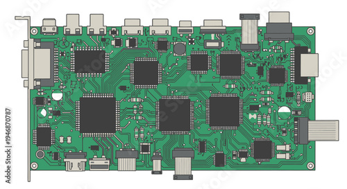 Horizontal green electronic circuit board with various ports and integrated circuits, representing connectivity and computing hardware, isolated white background.