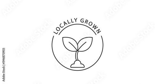 Minimalist line art icon representing a locally grown plant with two leaves sprouting from soil, enclosed in a circular badge.