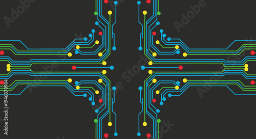 Symmetrical electronic circuit design with interconnected pathways and vibrant data points on a dark background, representing digital technology and networks.