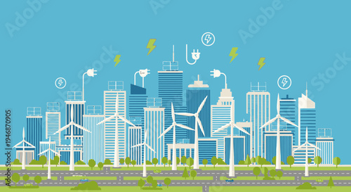 A vibrant illustration of a modern green city powered by renewable wind energy, featuring skyscrapers and sustainable infrastructure under a clear blue sky with energy icons.