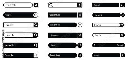 Collection of search bar icon with magnifying glass. various shape search bar box icons. Modern search bar UI elements set. Magnifying glass, cursor icons, microphone. Search bar vector illustration. 