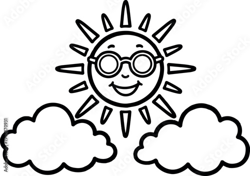 Smiling sun with round sunglasses shining bright above two fluffy clouds simple black line art vector design
