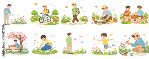 Vector of man doing activities in spring. Vector, flat, illustration, minimalist, icon, icon set