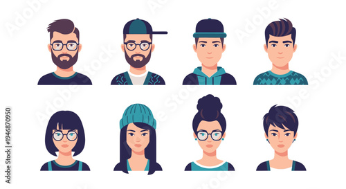 Diverse set of eight modern cartoon avatars featuring male and female characters with various hairstyles, glasses, and hats, depicted in a flat vector style.