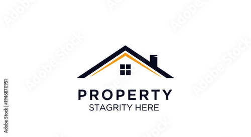 A minimalist logo design featuring a stylized dark blue and gold house roof with a window, above the text 'PROPERTY STAGRITY HERE' on a white background.