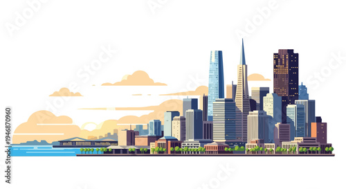 Colorful cityscape illustration of a modern metropolis skyline with tall skyscrapers and lush greenery against a bright sunny sky with fluffy clouds.