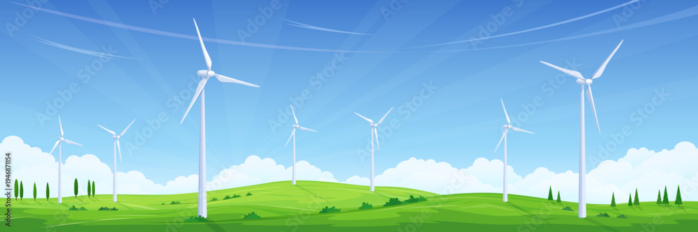 Fototapeta premium Flat vector illustration of a wind farm on green hills under a blue sky. Vector illustration.