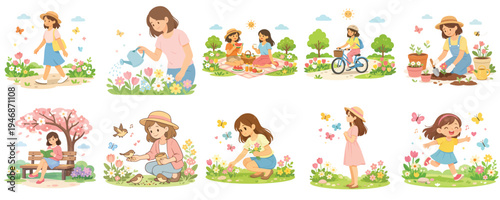 Vector of woman doing activities in spring. Vector, flat, illustration, minimalist, icon, icon set
