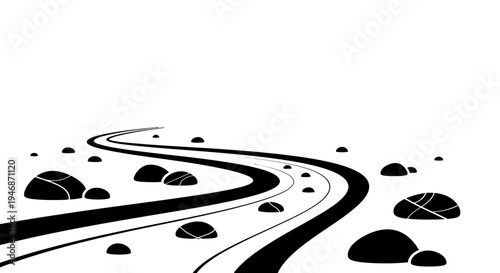 Simple black and white illustration of a winding road with scattered stones, depicting a path or journey, isolated white background.