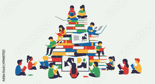 A vibrant illustration showing many diverse children happily reading books, some sitting on a large stack of colorful books, promoting literacy and education.