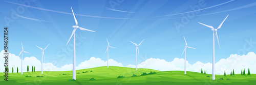 Flat vector illustration of a wind farm on green hills under a blue sky. Vector illustration.