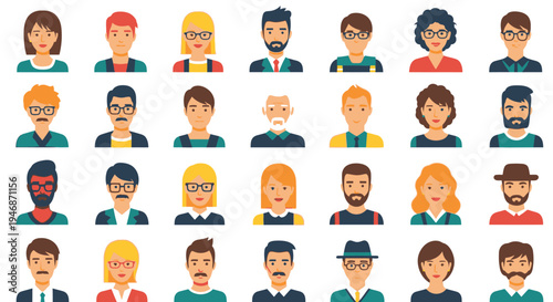 Collection of Diverse Male and Female User Avatars in Flat Design Style, isolated white background.