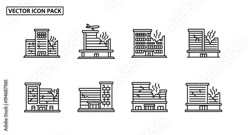 Vector Icon Pack - Buildings Damaged by Fire and Disaster.