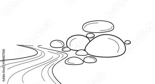 Winding Path with Smooth River Stones and Pebbles, Nature Elements Outlined, Isolated White Background
