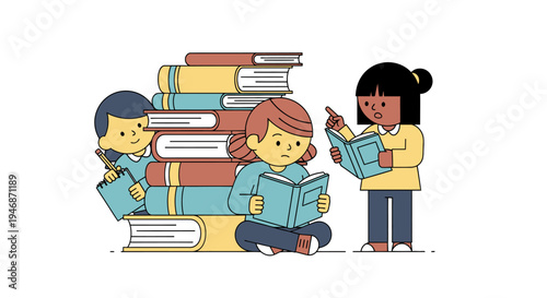 Two Diverse Children Reading Books Together, Learning and Studying Happily with Stacks of Textbooks, Isolated White Background