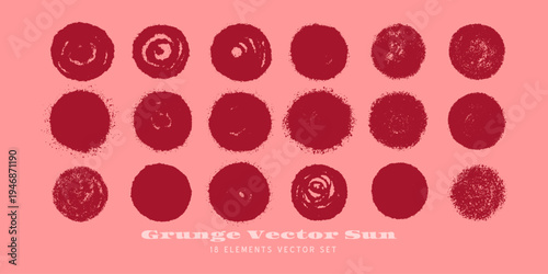 Rough grunge brush red sun isolated vector shapes set. Hand drawn stamp symbol of summer, spring or Japan. Wine circle watercolour badge