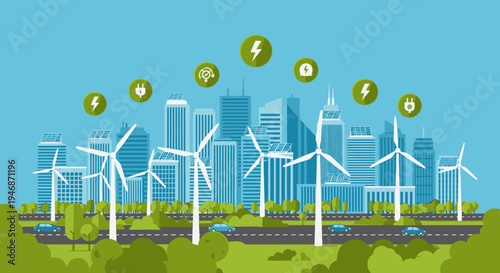 Green City Skyline with Wind Turbines and Electric Cars, Financial Coins Flying, Concept of Sustainable Energy and Eco-Friendly Urban Development in Bright Studio