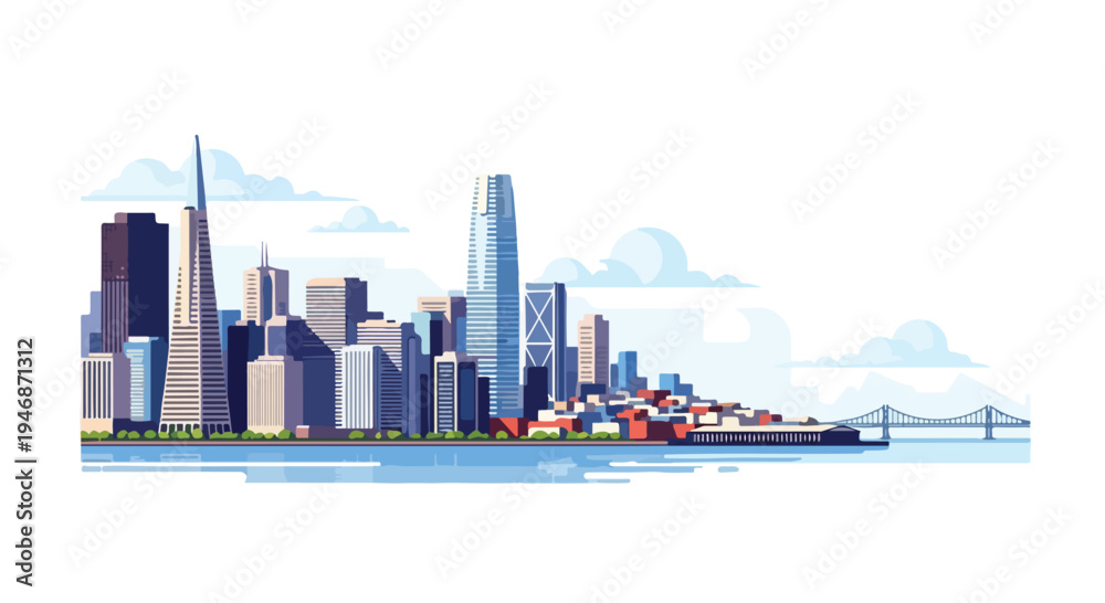 Fototapeta premium Digital illustration of a city skyline with skyscrapers and a cargo ship in the water against a cloudy sky with a bridge in the distance.