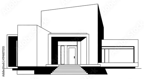 Modern Minimalist House Architecture Outline Drawing on Isolated White Background