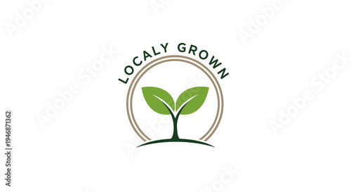 Locally Grown Organic Food Label with Green Leaves on Isolated White Background
