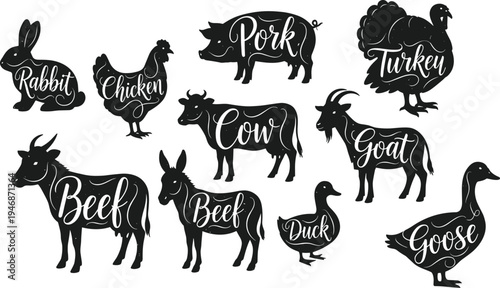 Farm Animal Silhouette Set with Rabbit Chicken Cow Goat Duck Goose Turkey and Pork Meat Labels Vintage Butcher Vector Illustration