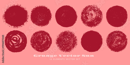 Rough grunge brush red sun isolated vector shapes set. Hand drawn stamp symbol of summer, spring or Japan. Wine circle watercolour badge
