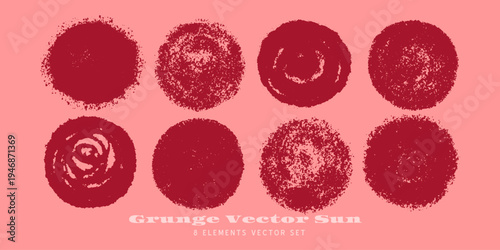 Rough grunge brush red sun isolated vector shapes set. Hand drawn stamp symbol of summer, spring or Japan. Wine circle watercolour badge