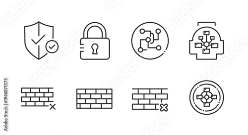 Cybersecurity and Network Protection Line Icons Set with Shield, Lock, and Firewall on Isolated White Background