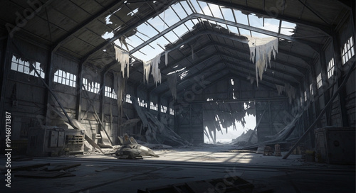 Decaying Industrial Warehouse Interior with Sunlight Streaming Through Roof.