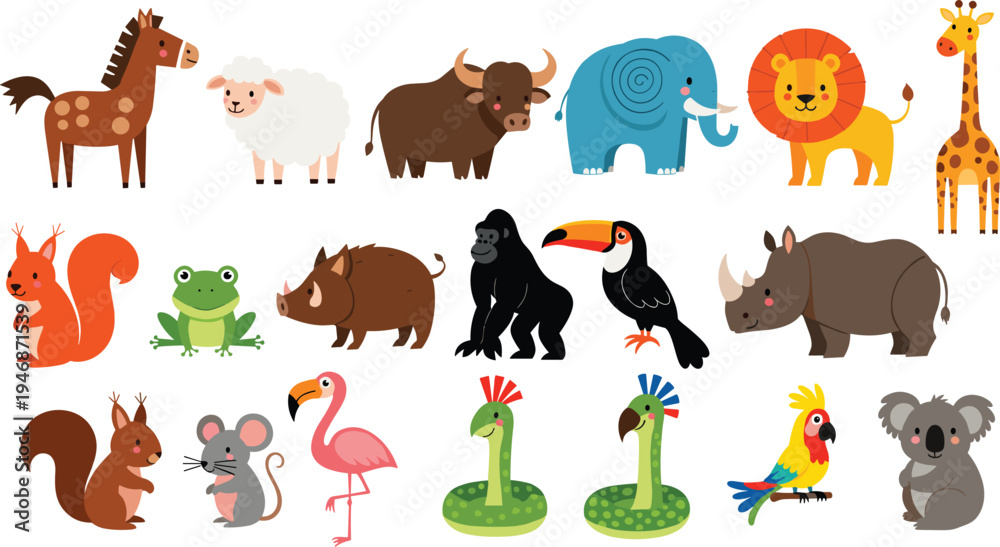 Obraz premium Cute Cartoon Animal Collection with Lion Elephant Giraffe Rhino Gorilla Toucan Flamingo Frog and Forest Animals Vector Illustration Set