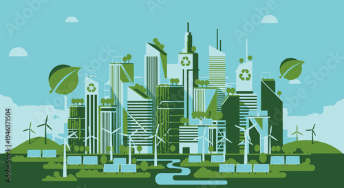 Eco Friendly Green City Skyline with Sustainable Urban Buildings and Renewable Energy on Blue Sky Background