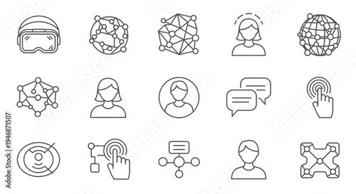 Virtual Reality Artificial Intelligence and Communication Line Icons Set on Isolated White Background