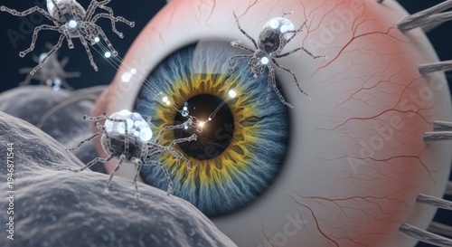 Microscopic Medical Nanobots Performing Precision Surgery on a Human Eye Iris, Concept of Futuristic Ophthalmology and Biotechnology