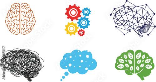 Human Brain and Mind Concept Icon Set with Intelligence Thinking Creativity Mental Health and Artificial Intelligence Symbols Vector Illustration
