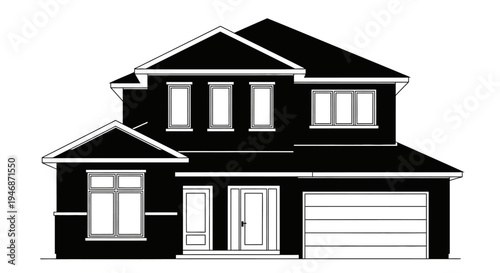 Classic Two Story Family House Silhouette with Garage on Isolated White Background