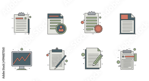 Document Management and Business Report Flat Icons Set on Isolated White Background