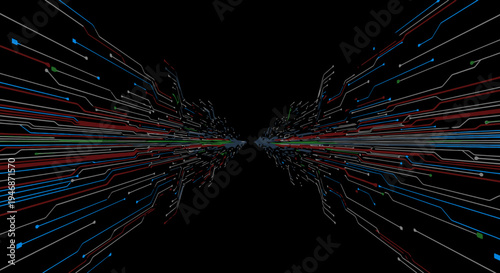 Abstract Digital Data Network Background with Colorful Light Lines Converging on Black Background