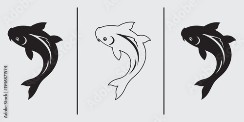 Minimalist koi fish silhouettes three variations black white vector illustrations set