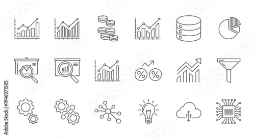 Business Finance Marketing and Data Analytics Line Icons Set on Isolated White Background