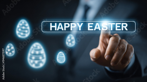 A digital holographic Easter egg in a person's hand. Cyber Easter. Business Easter 2026.