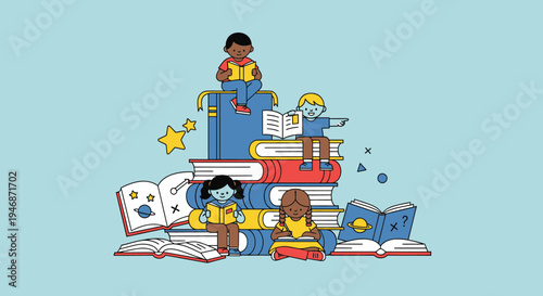 Happy Diverse Children Reading Books and Playing with Learning Materials Around a Stack of Books on Light Blue Background