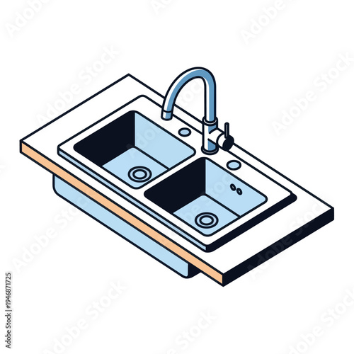 Double Sink Basin Kitchen Countertop.