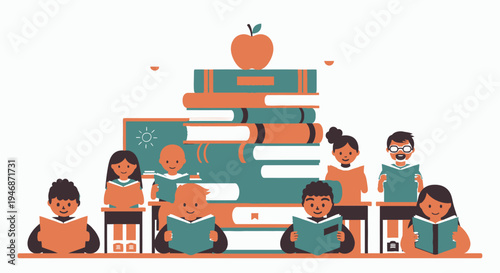 Happy Diverse Kids Reading Books and Learning Together Around a Tall Stack of Books with an Apple, Education Concept